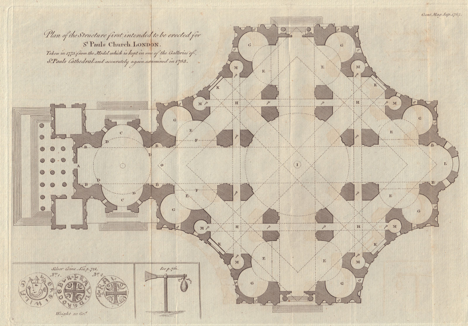 Wren's first 1673 Great Model design for St Paul's Cathedral 1783 old print